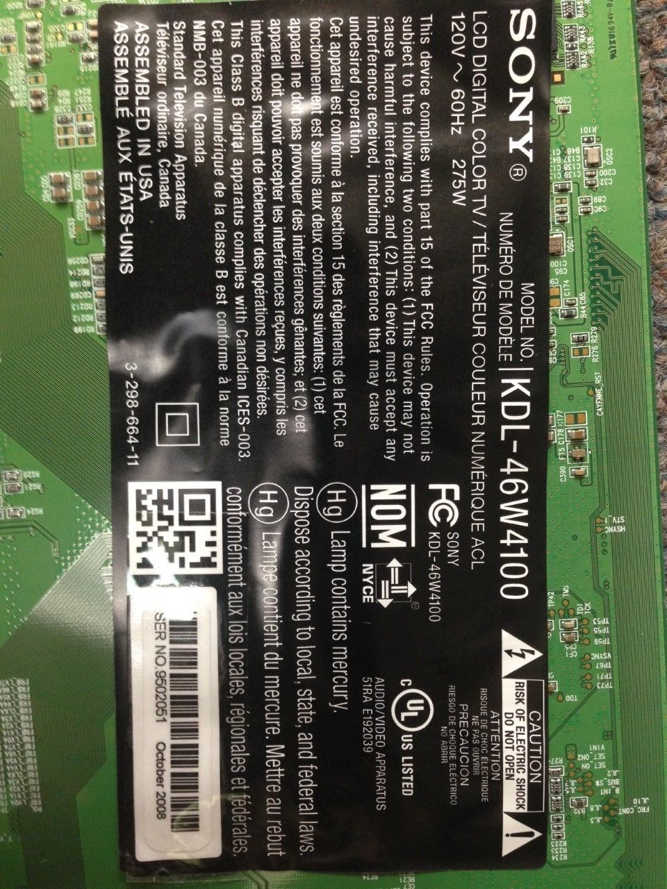 SONY KDL46WL140 TV-NETZTEIL Y-444-T / 1-876-291-12